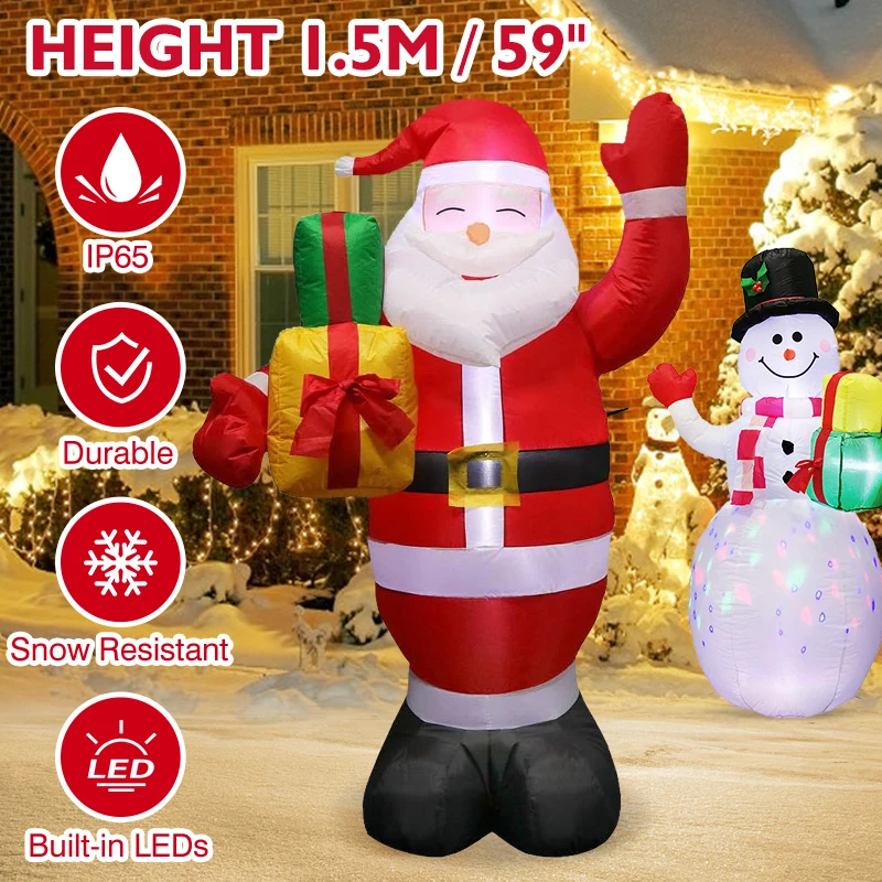 

5/6FT Christmas Inflatable Santa Claus Snowman Built-in Color Rotating LED Light Xmas Elk Pulling Sleigh Yard Garden Party Decor