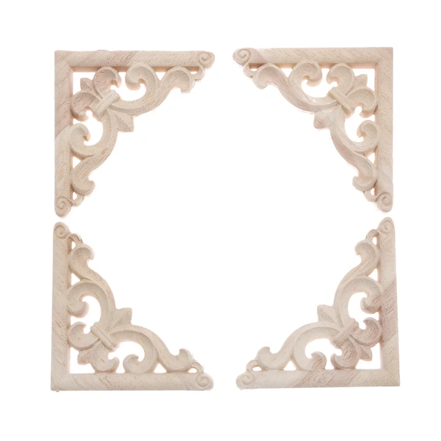 4Pcs Wood Carved Appliques Onlays Unpainted Corner Carvings Decals Frame Molding for Wall Door Mirror Cabinet Closet Decor 12cm