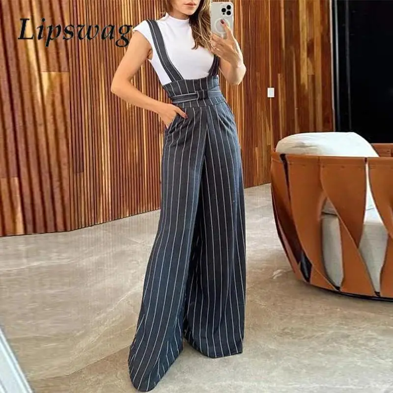

Fashion Striped Printed Pattern Strap Jumpsuit Women Waist Loose Wide Leg Pants Set Autumn Winter Casual Office Pocket Rompers