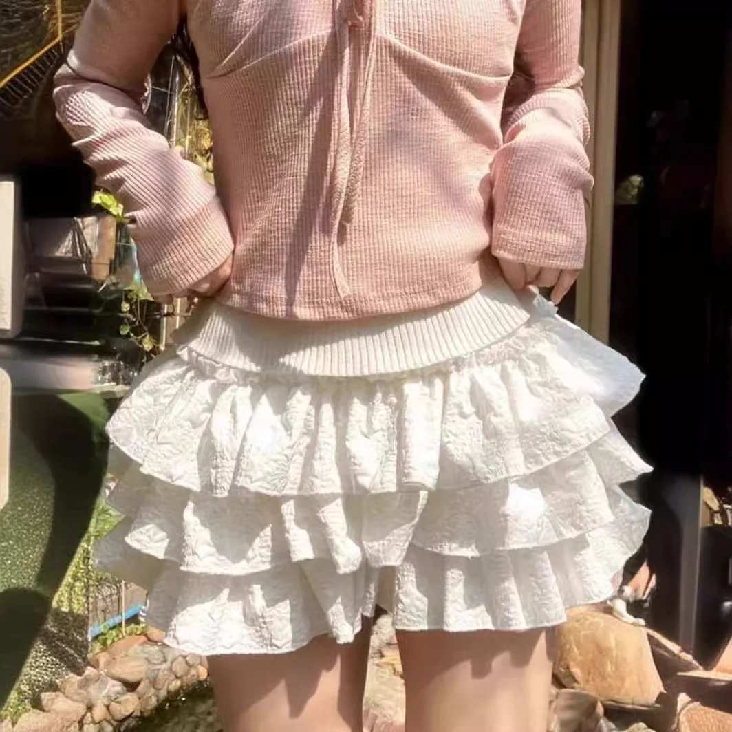 Kawaii Ball Gown Short Skirt Pleated Ruffles Layered High Waist Solid Mini Cake Skirts Lolita Girl Sweet Cute Elastic Waist Y2K - Image 2