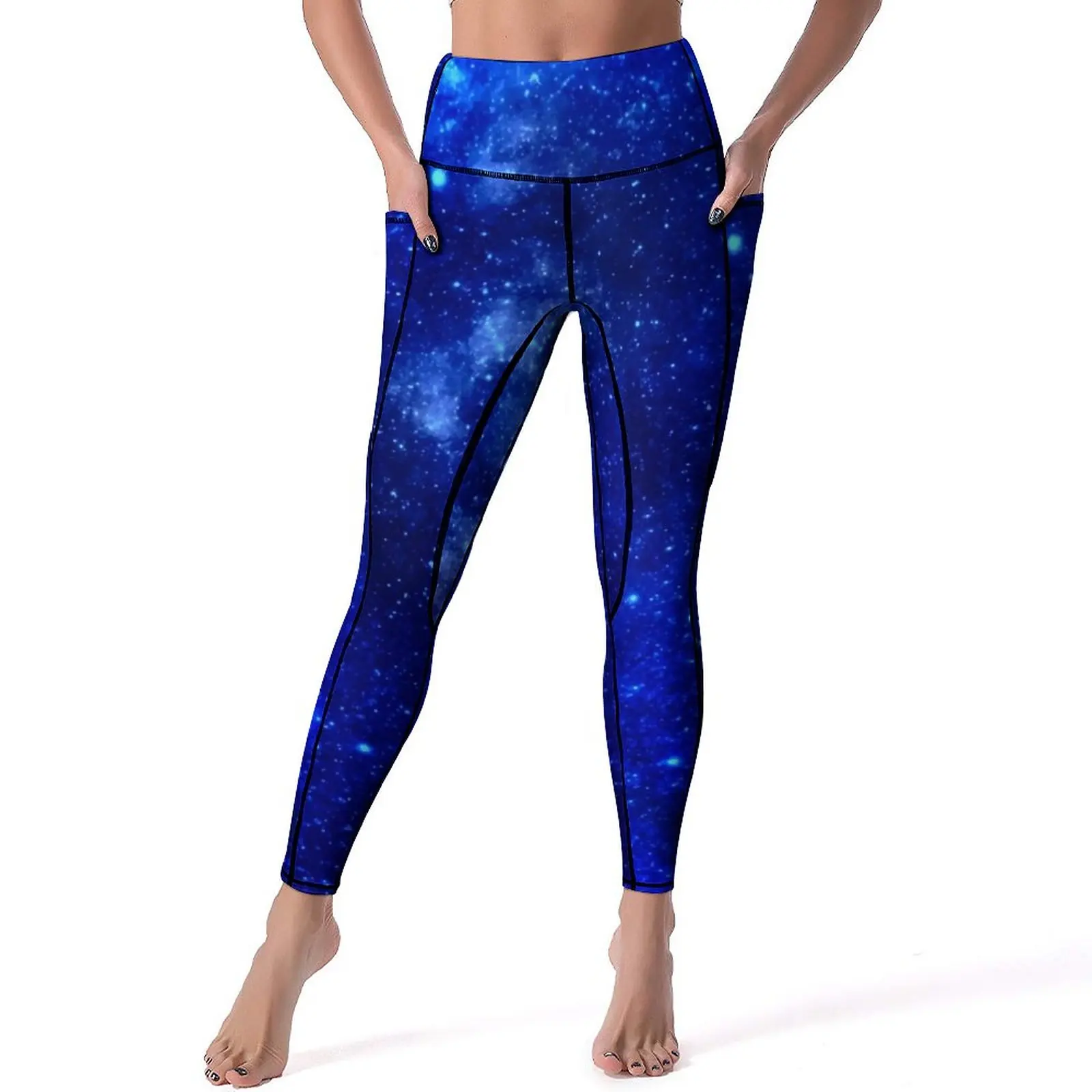 

Blue Galaxy Sky Leggings Sexy Astronomy Print Running Yoga Pants Push Up Quick-Dry Sports Tights Pockets Retro Pattern Leggins