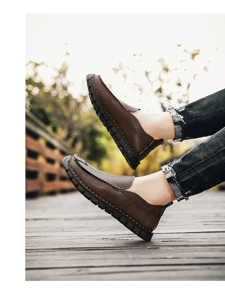 Men's Handmade Leather Casual Shoes Loafers Breathable Slip on