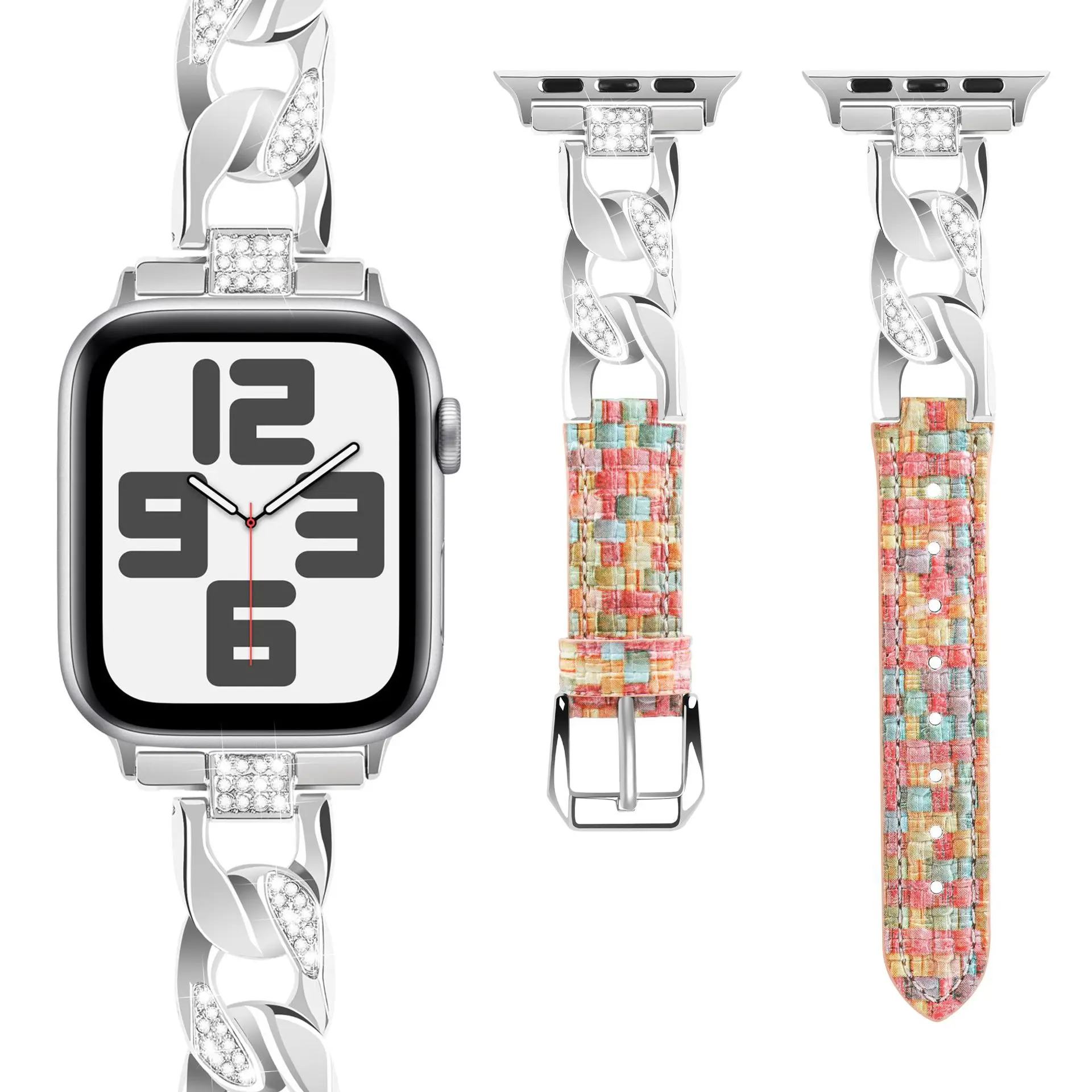 

Metal chain+Leather Strap for Apple Watch Band 45mm 41mm 44mm 40mm 49mm 42mm38mm Diamond Belt iWatch Series Ultra 9 8 7 6 5 3 SE