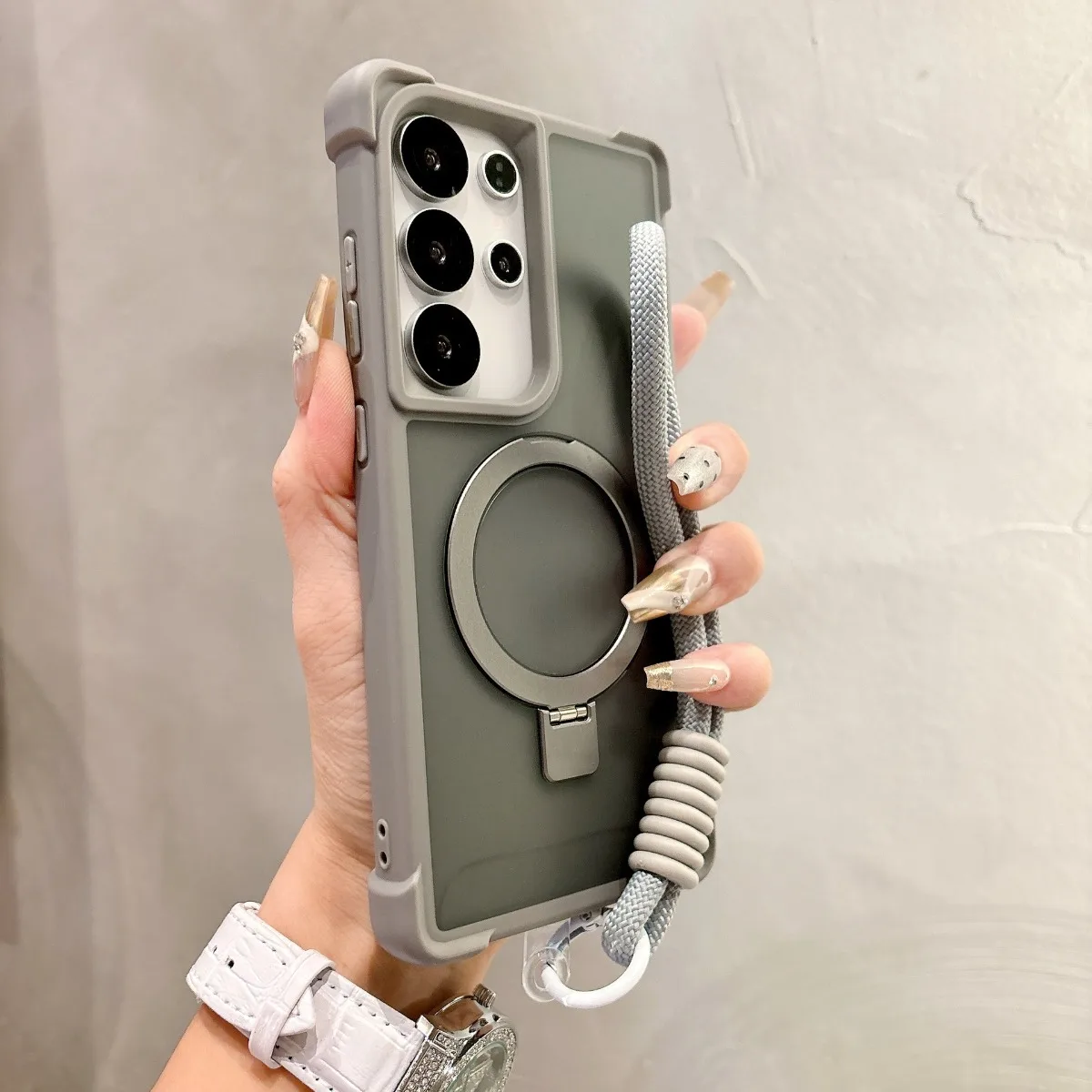 Armor Folding Magnetic Ring Stand Wrist Strap Shockproof Protective Phone Case
