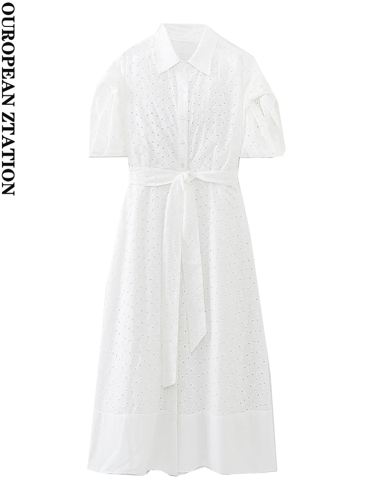 

PAILETE Women 2023 fashion with tied belt embroidered midi dress vintage short sleeves button-up female dresses vestidos