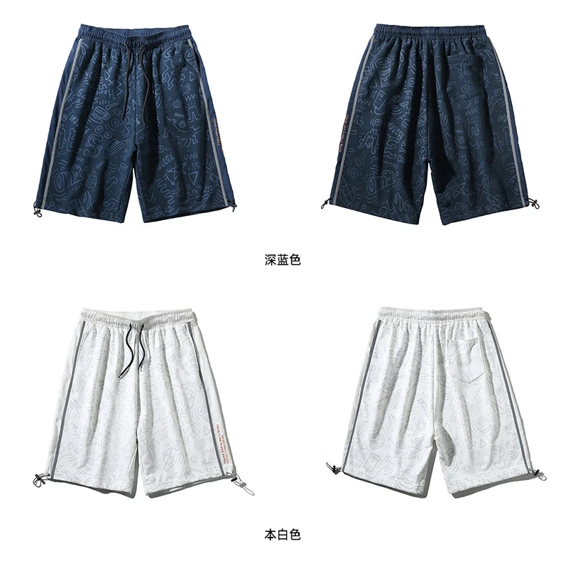 Reflective Strip Splicing High Street Pants Men's 2022 Summer New Fashion Brand Printed Shorts Men Shorts Male Knee Length black casual shorts