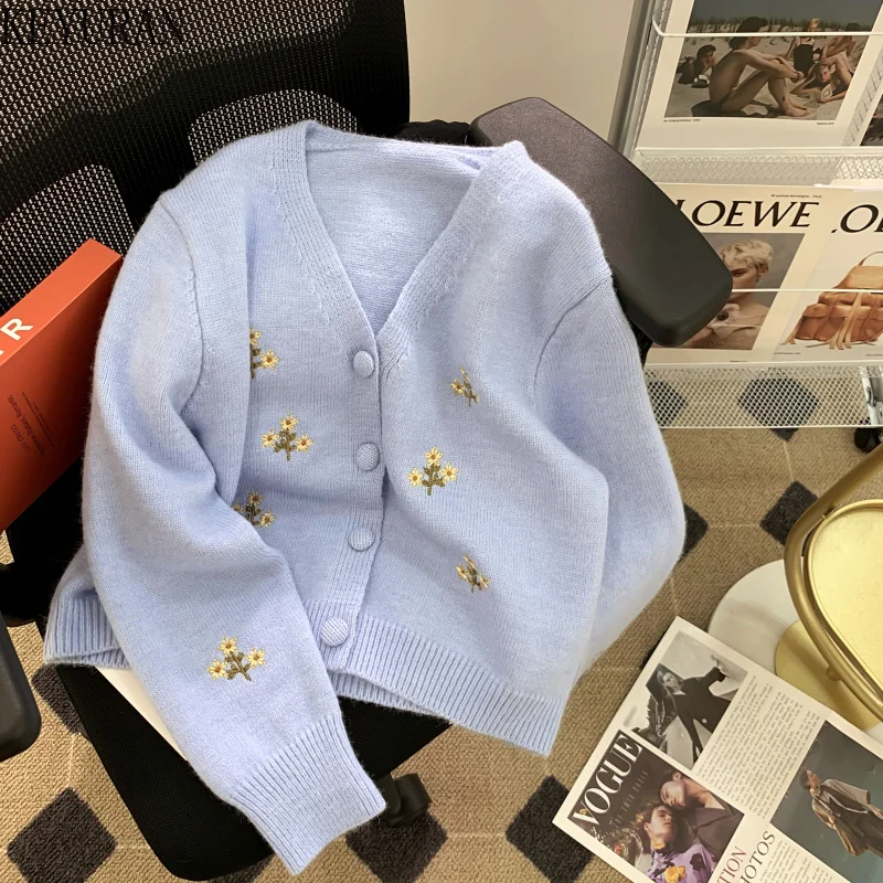 

Вязаный кардиган с цветочной вышивкой, женский свитер, весна-осень 2022, Женский однобортный свитер с длинным рукавом, пальто, синий
