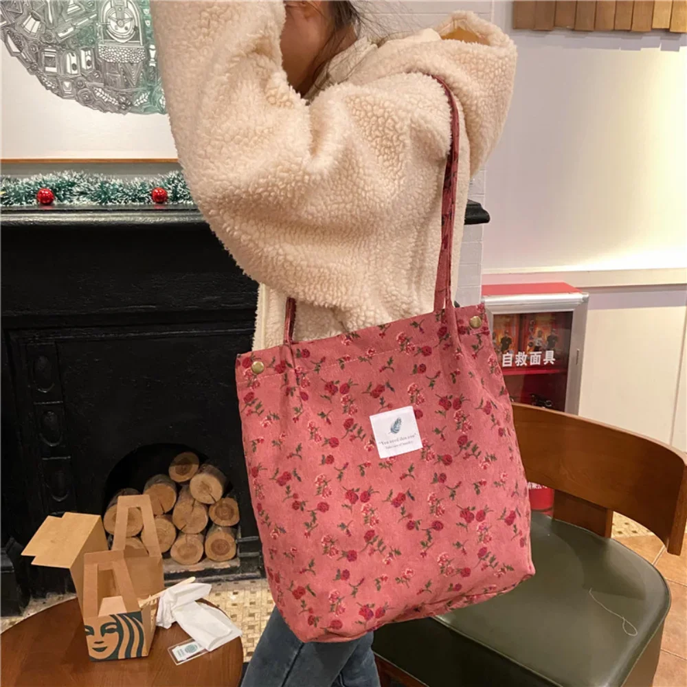 Women Handbags Bags for Women Corduroy Snap Button Shoulder Bag Large Capacity Reusable Shopping Bag Literary Buckle Tote Female Handbags