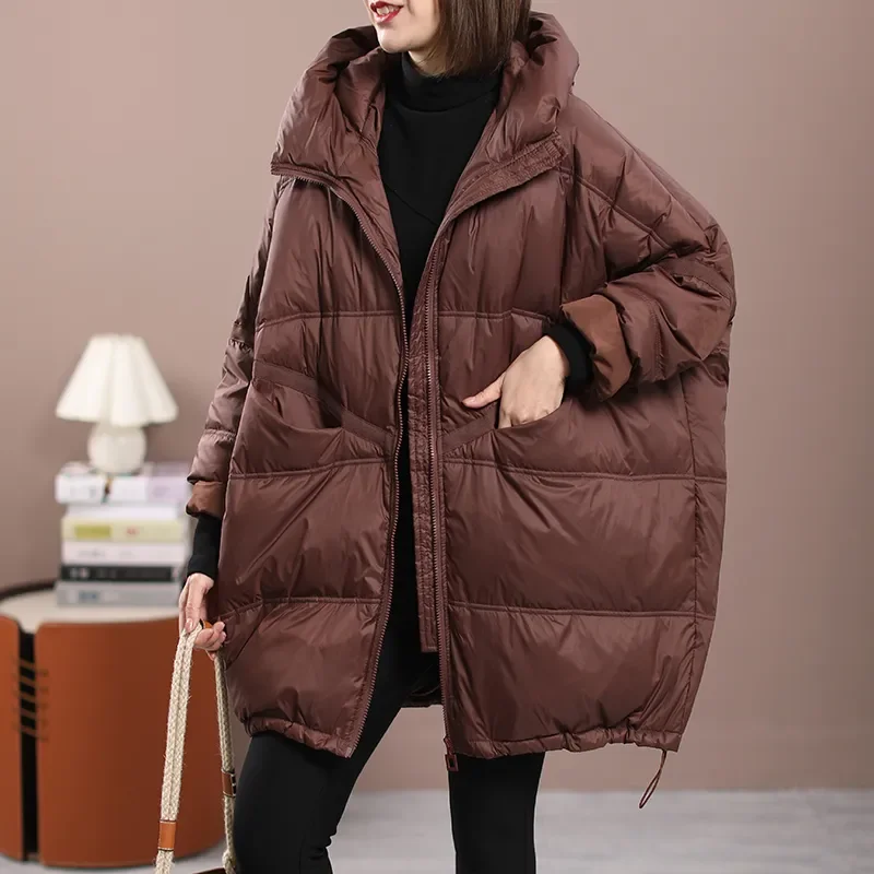

2023 New Winter Women White Duck Down Loose Jacket with Hooded Female Long Thick Warm Outwear Casual Coats K13