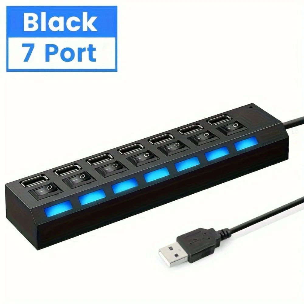 7포트 USB 2.0 허브 LED 5Gbps 고속 멀티포트 USB 전원 어댑터 확장기 USB 분배기 (스위치 포함) 노트북 컴퓨터 가정용
