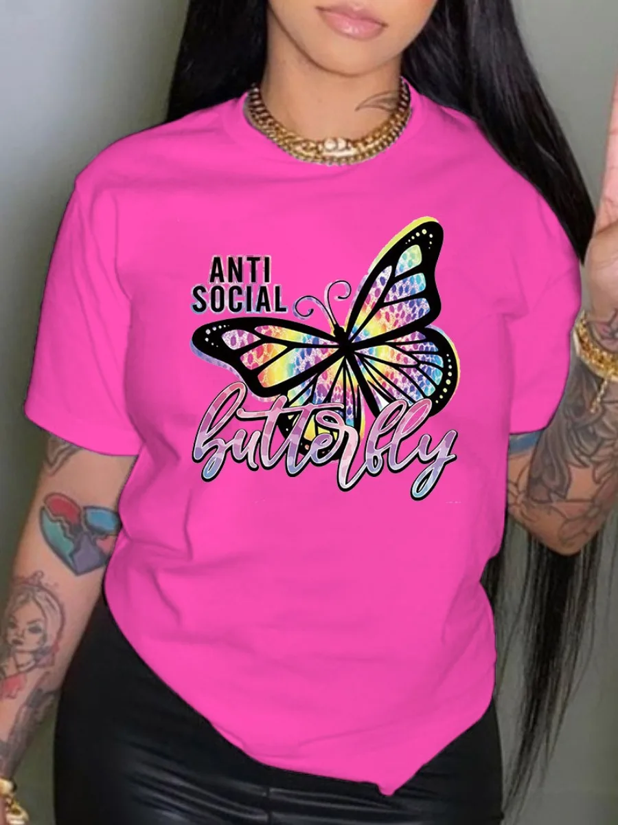 LW Plus Size Tops Rhinestone Butterfly Letter Print T-shirt L-5XL Regular Short Sleeve Positioning Printing O Neck Tee For Women l ll be there for you letter print t shirt women short sleeve o neck tshirt summer women tee shirt tops z9t2