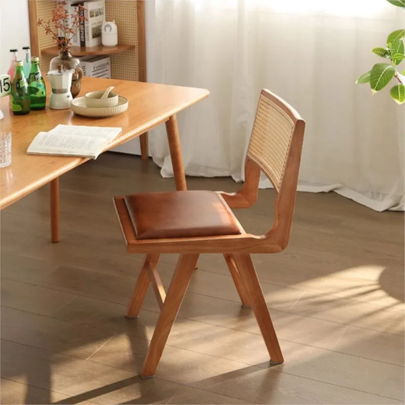 OMGD Scandinavian Rattan Chair Household Solid Wood Dining Chair Antique Style Designer Dining Table