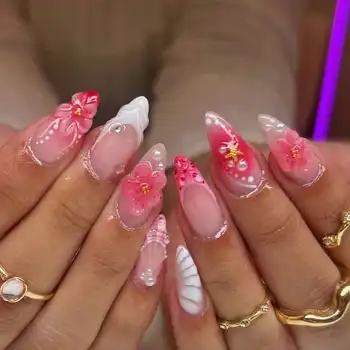 Women Pink 3D Flower Press On Nails Bow Decor Long Stiletto Luxury Fairy Manicure Daily Party Gift 1