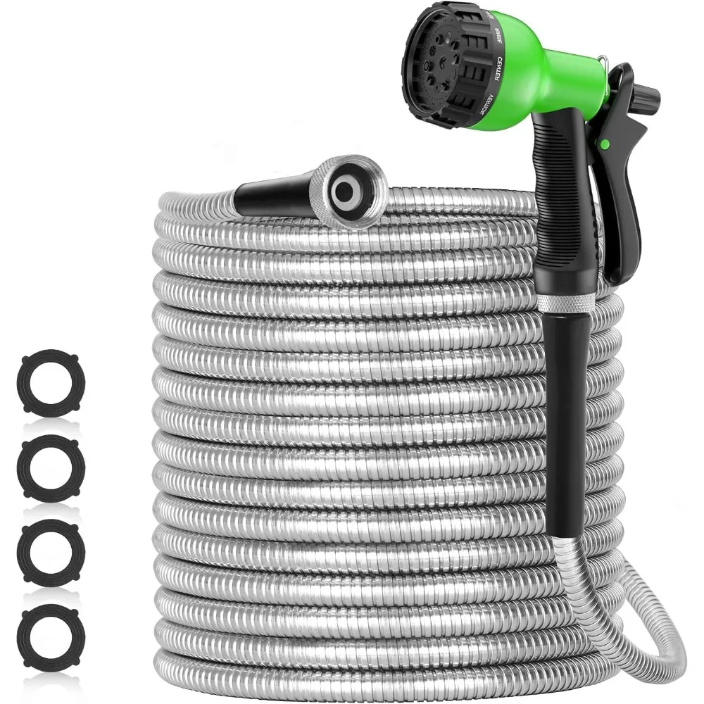 150ft 304 Stainless Steel Garden Hose Metal, Heavy Duty Water Hoses with Nozzles for Yard, Outdoor - Flexible
