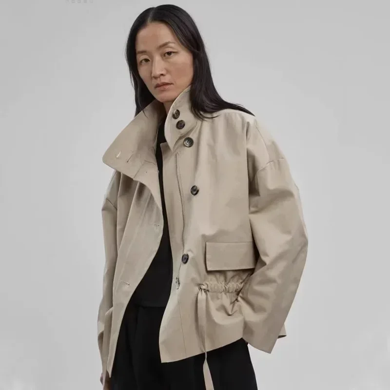 

2023 Autumn and Winter New Workwear Style Drawstring Trench Coat Women Versatile Short Jacket