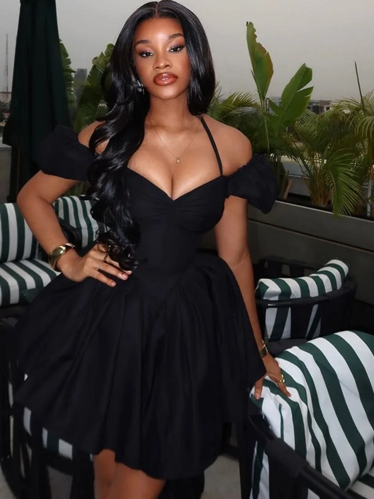 Wmstar Dresses for Women Wholesale Elegant Solid Color Lace Up Pleated Halter Waist V-neck Short Dress Sexy Party Mini Dress