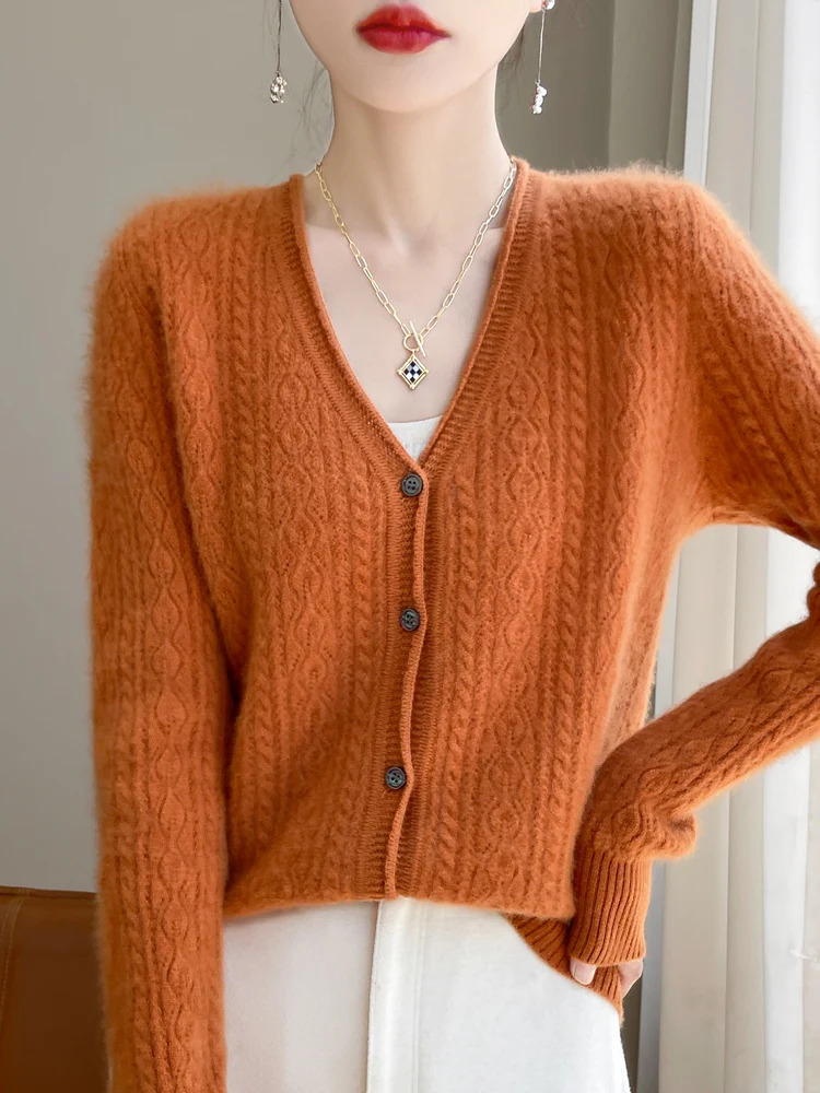 Autumn Winter Women 100% Merino Wool Cardigan Cashmere V-neck Sweater Curled Twisted Hollow Out Knitwear Bottoming Clothing Tops 4