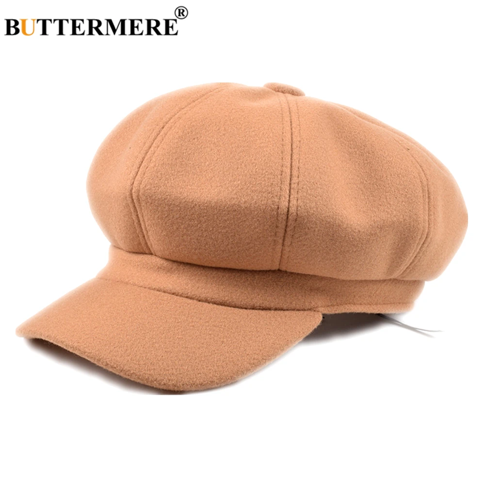 BUTTERMERE Wool Newsboy Cap Red Hats for Women Solid Ladies Baker Boy Hat Female Beret Brand Autumn Winter Vintage Octagonal Cap