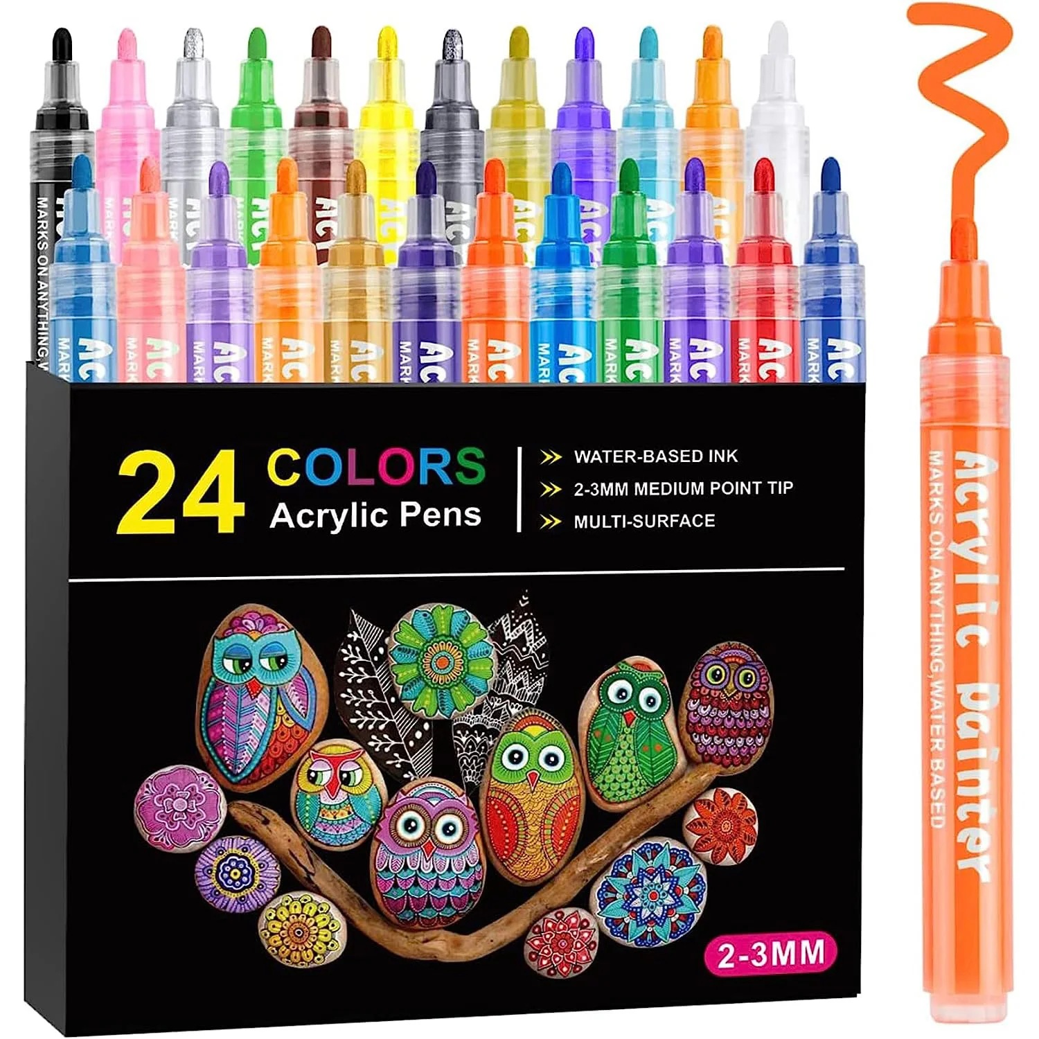 

Paint Pens, Acrylic Paint Markers 24 Colors Waterproof Pen Set for Rock Painting DIY Craft Supplies Ceramic Glass Mug Metal Wood