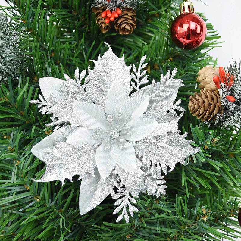 thumbnail image 1 of 3/5/10 piezas de flores navideñas rojas con purpurina de 14 cm, flores artificiales para árbol de Navidad, decoración navideña colgante para el hogar, Año Nuevo, Navidad, 1 of 5