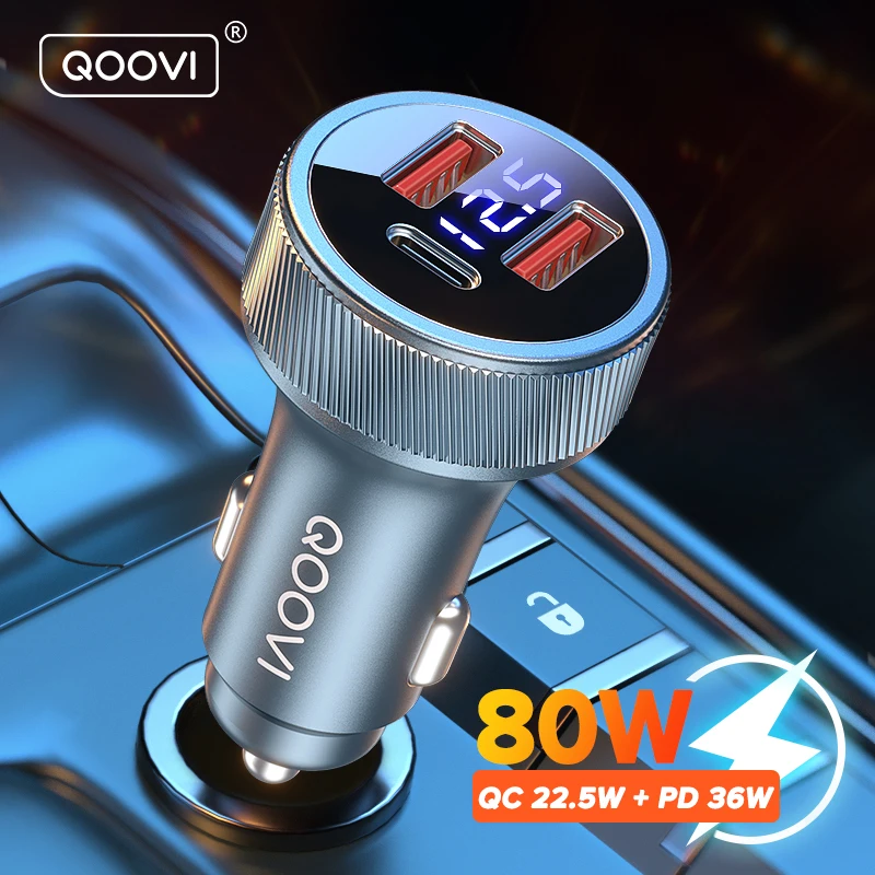 QOOVI 80W Car Charger PD USB-C Dual Port Fast Charging iPhone Samsung iPad Laptops