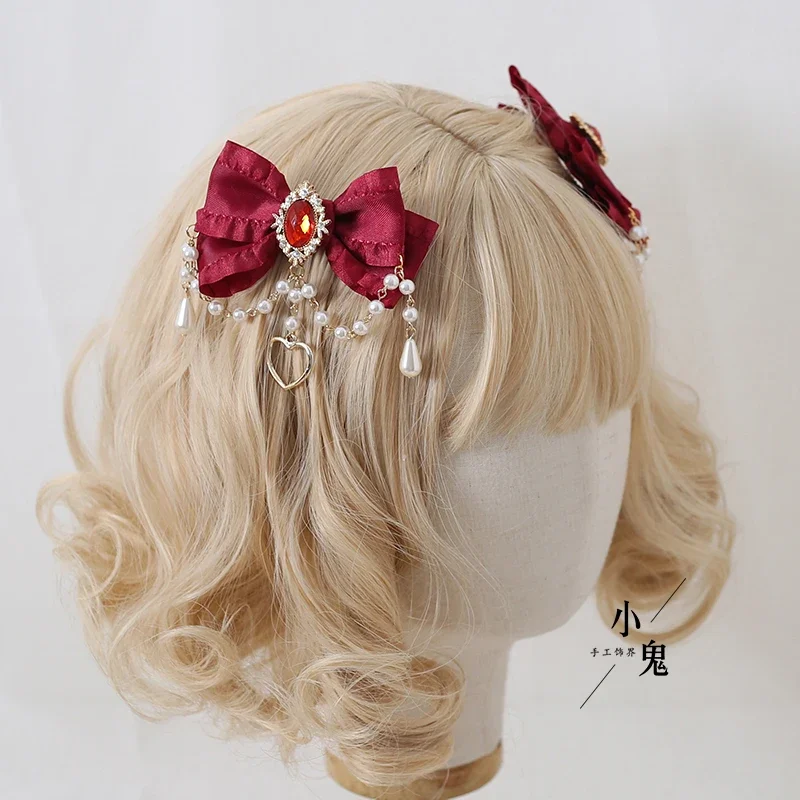 

Original Hand-Made Tea Party Lolita Hairpin Cute Sweet Bow Pearl Chain Headwear Princess Cosplay Lolita Halloween Headdress