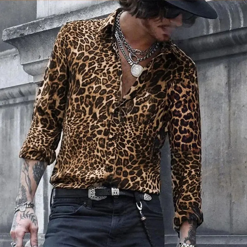 

Men's Lapel Leopard Print Digital Printed Shirt Men's Casual Leopard Print Long Sleeve Shirt Men's Shirt Top Tide Brand Clothing