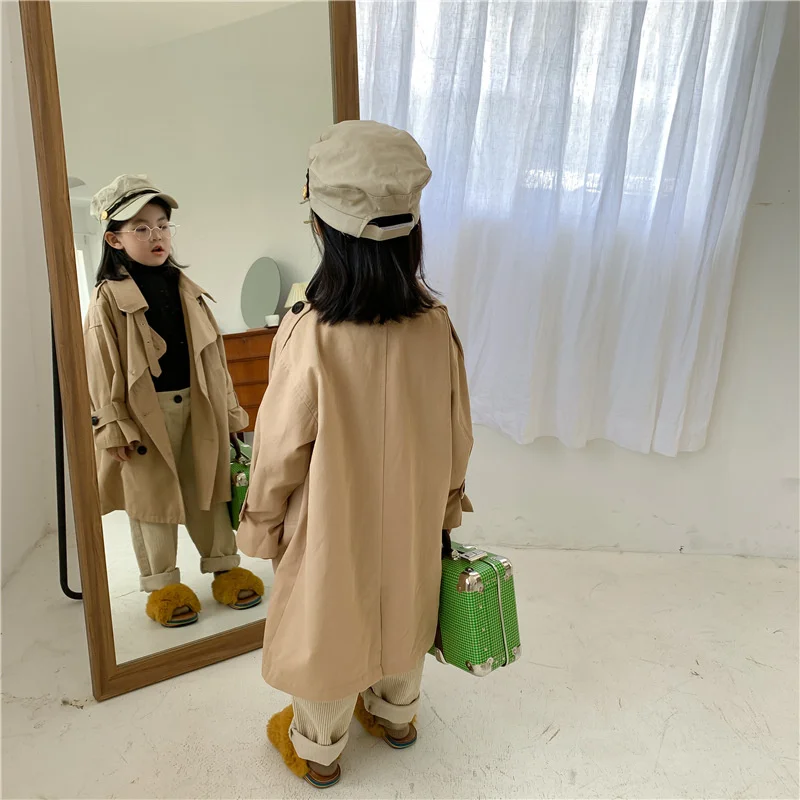 가을 가을 키즈 패션 트렌치, 큰 턴다운 칼라, 긴 바람막이, 어린이 겉옷,  코트, 2-7 세 남아 여아