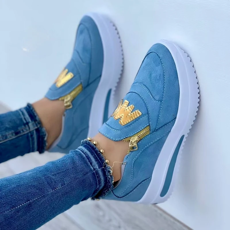 여성 캐주얼 스니커즈, 프린트 사이드 지퍼, 두꺼운 밑창, 가황 신발, 테니스 신발, 여름