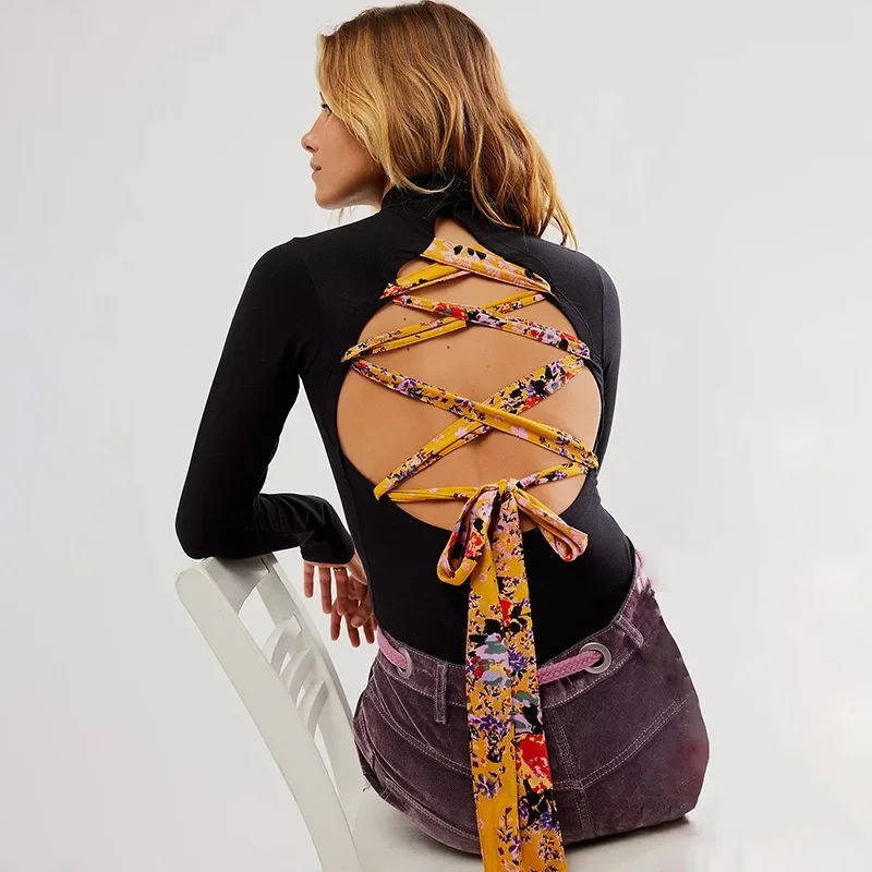 Women's Bandage Backless Rompers Sexy O Neck Long Sleeve Solid Colors Jumpsuits Spring Summer Slim Playsuits New Rompers YWFD014