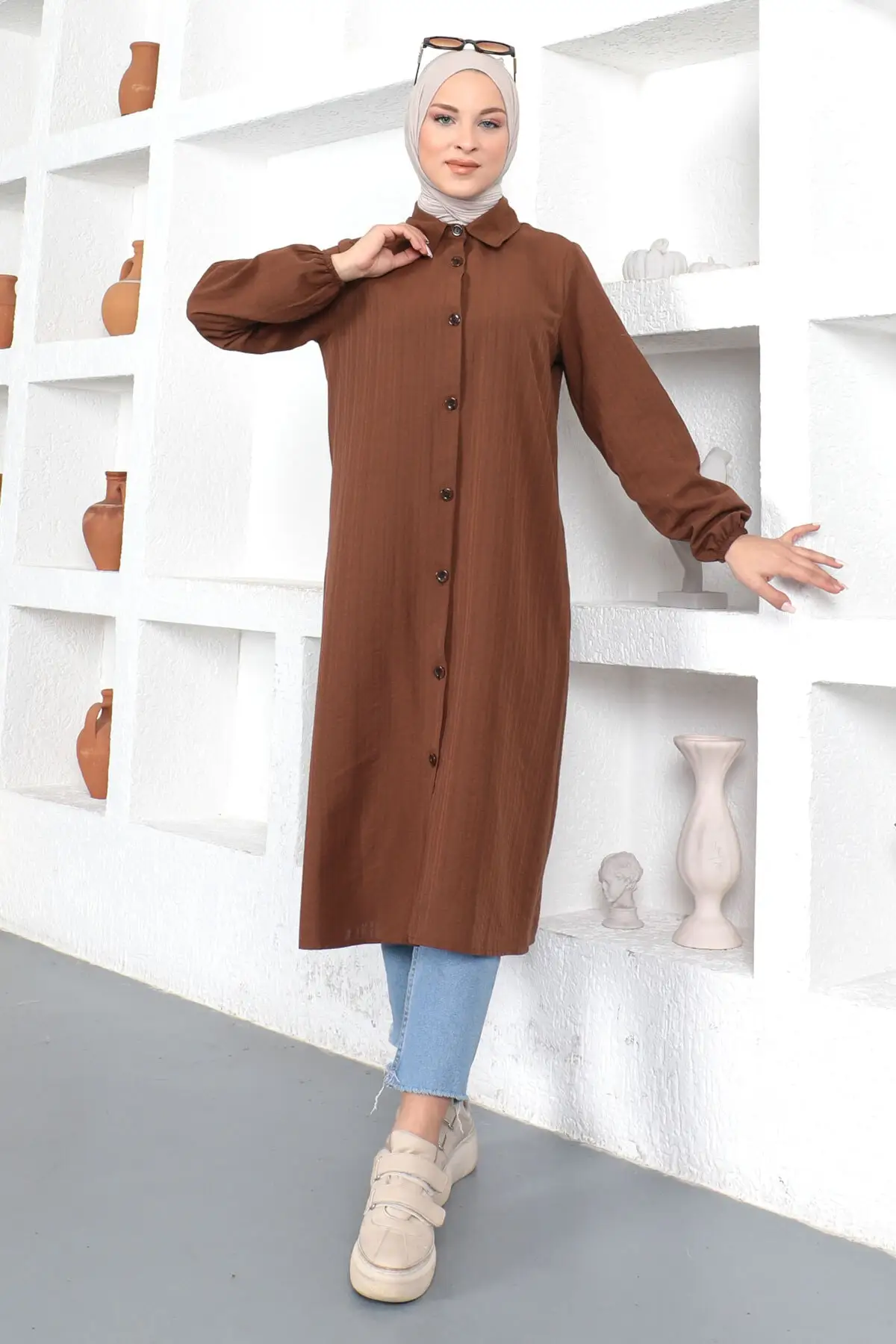 

Long Tunic Brown Hijab Dress Muslim Kaftan Dress Turkey Islam Cloth Jilbab Ramadan Modest Robe Kimono