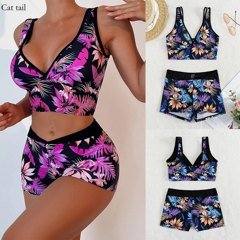 

Women's 2024 New Flat Corner Printed Bikini Sexy Split Swimsuit Tourism Vacation Beach Swimming Pool Party Fashion Matching