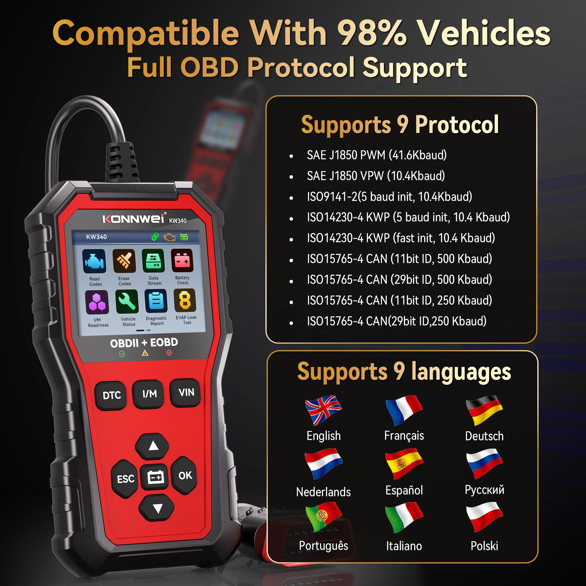 KONNWEI Car OBD2 Scanner KW340, CAN EOBD Diagnostic Tool with Engine Battery Test Fault Code Reading Clearing and Real Time Data 2026 - Image 6