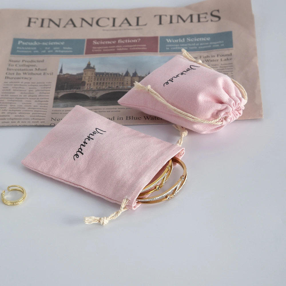 Custom Logo Cotton Gift Bags Jewelry Drawstring Packaging Pouch Rings Makeup Party Bead Bottle Sachet Pocket Pink Cotton Bag