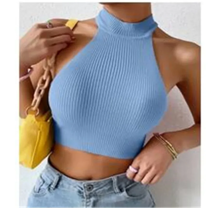 

Summer Dopamine Women Basics Casual Knit Sleeveless Corset Halter Crossfit Crop Top Y2k Clothes Femme Stretch Sweater Tank