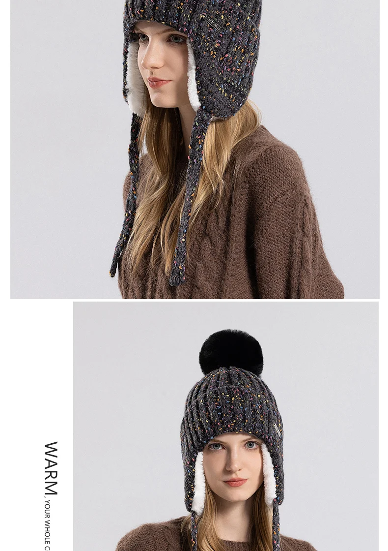 Gorros con orejeras para mujer, franjas de diferente Color, Sherpa Ski Snow, grueso, de felpa de punto, sombrero de bombardero con pompón grande_voghion.com