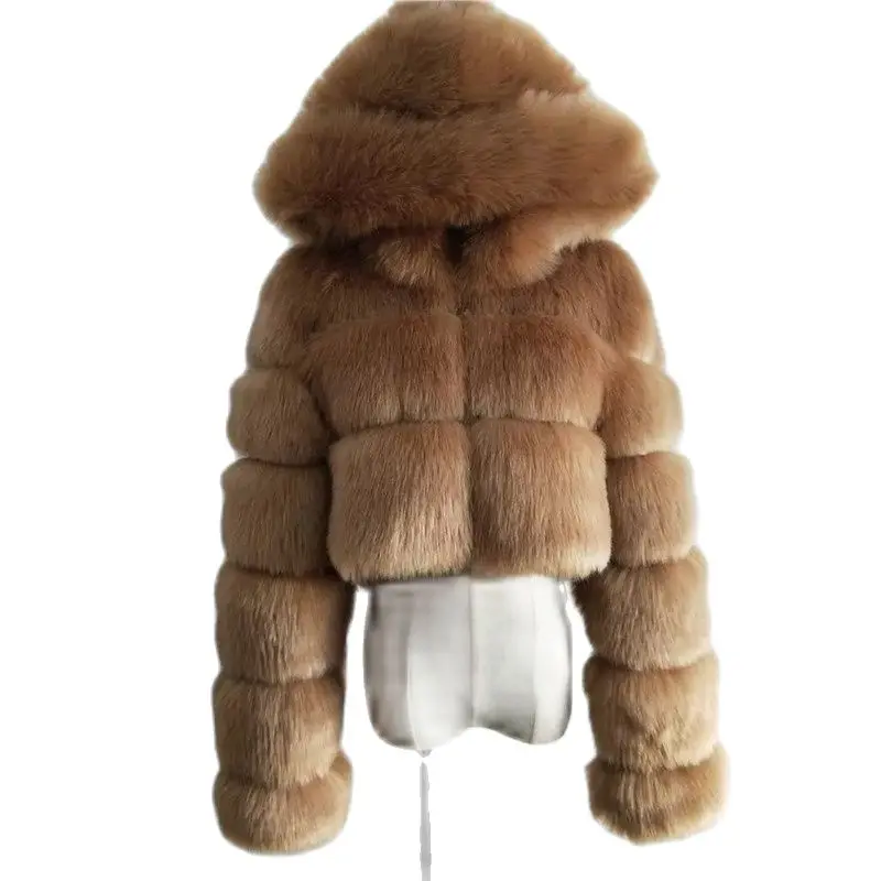 

2023 Fashion Ultrashort Faux Fox Fur Coat Women Winter Hooded Fur Jacket Female Thicken Outerwear Artificial Fur Overcoat