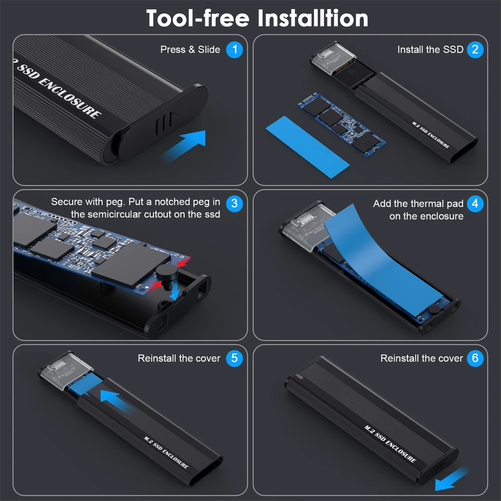 NVME SATA 듀얼 프로토콜 3.1 SSD 어댑터, M2 SSD 케이스, NVME PCIE NGFF SATA SSD 디스크 박스, CC AC 포함, M.2 to USB C타입, 10Gbps