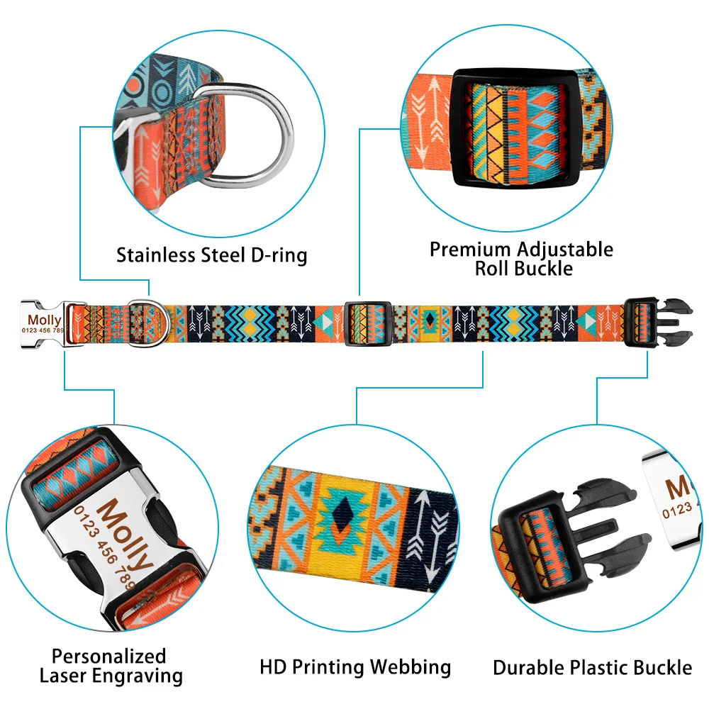 Dog Collar Adjustable Nylon Custom Name Free Nameplate Printed ID Tag Personalized Small Large Medium Pet Engraved