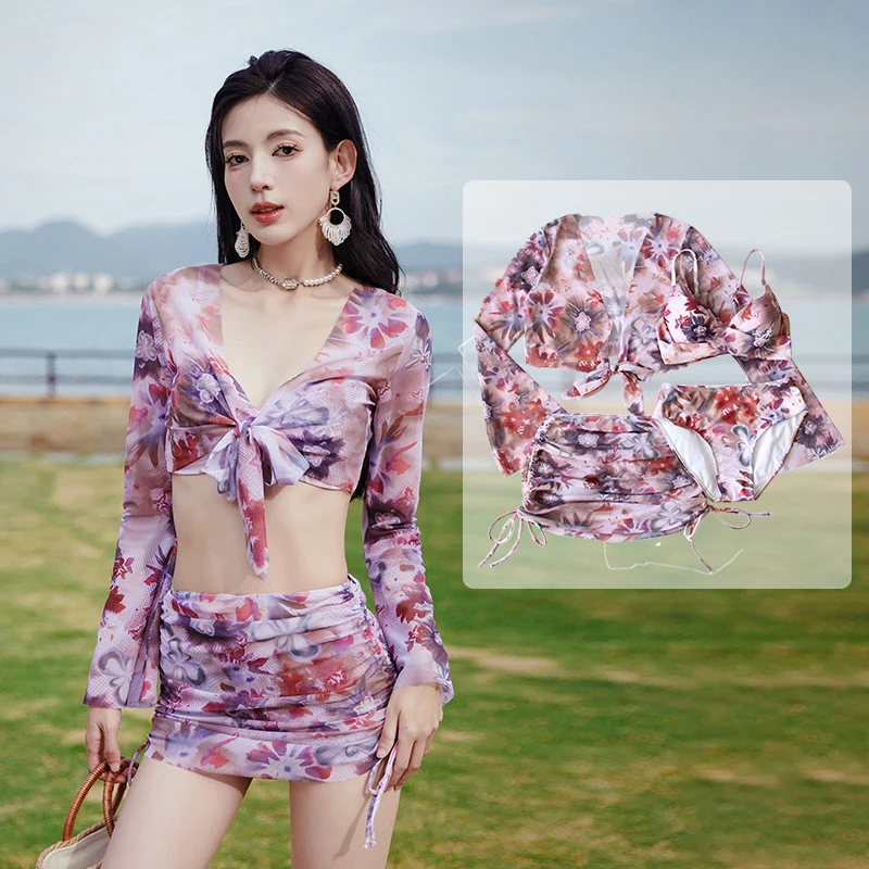 

Swimsuit 4 Pieces Bikini Sets Women Swimwear Underwire Printed 2024 New Mesh Long Sleeve Cover Up High Waist Skirt