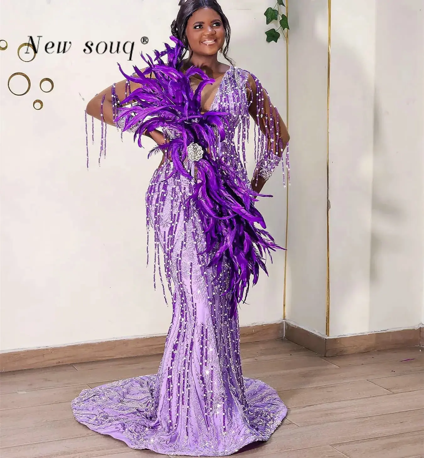 

Arabic Purple Feathers Beading Tassel Evening Dresses African Plus Size Luxury Formal Birthday Party Gowns for Black Girls