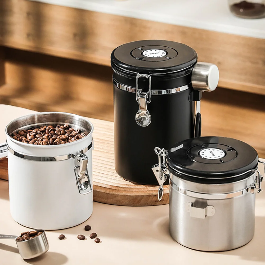 

304 Stainless Steel Airtight Coffee Container Storage Canister Coffee Bean Jar Vacuum Sealed Cans Food Kitchen Storage Organizer