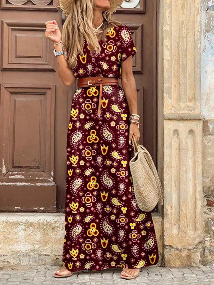 Women Bohemian Printed Beach Long Dress Vintage Short Sleeve V