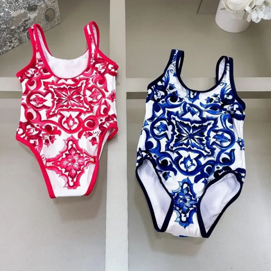 

Girls classic style blue and red patterned camisole jumpsuit summer new girl's one-piece Timeless Classic Popular with swim hat