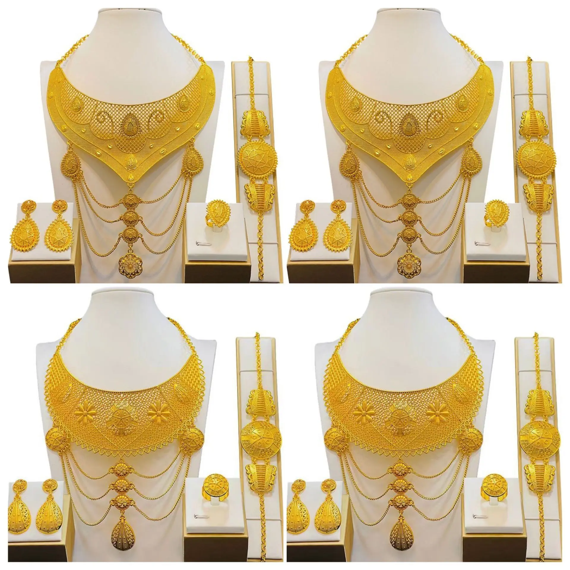 

24k Gold Plated Dubai Bridal Necklace Bracelet Earring Ring Middle East Arabian Women Jewelry Four Piece Set PRO30083