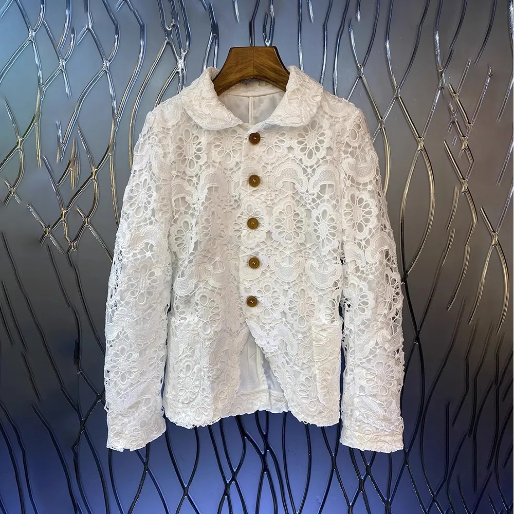 

Top Quality New Blazer Coat 2023 Autumn Winter Blazers Women Allover Crochet Lace Embroidery Long Sleeve White Lace Coat Outwear