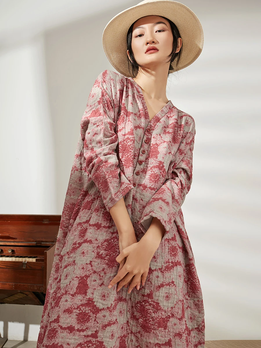 

Cotton and hemp Printed Robe, Long Dress, New Style,Languid, Wind, Oversized, Spring and Autumn, 2021012,