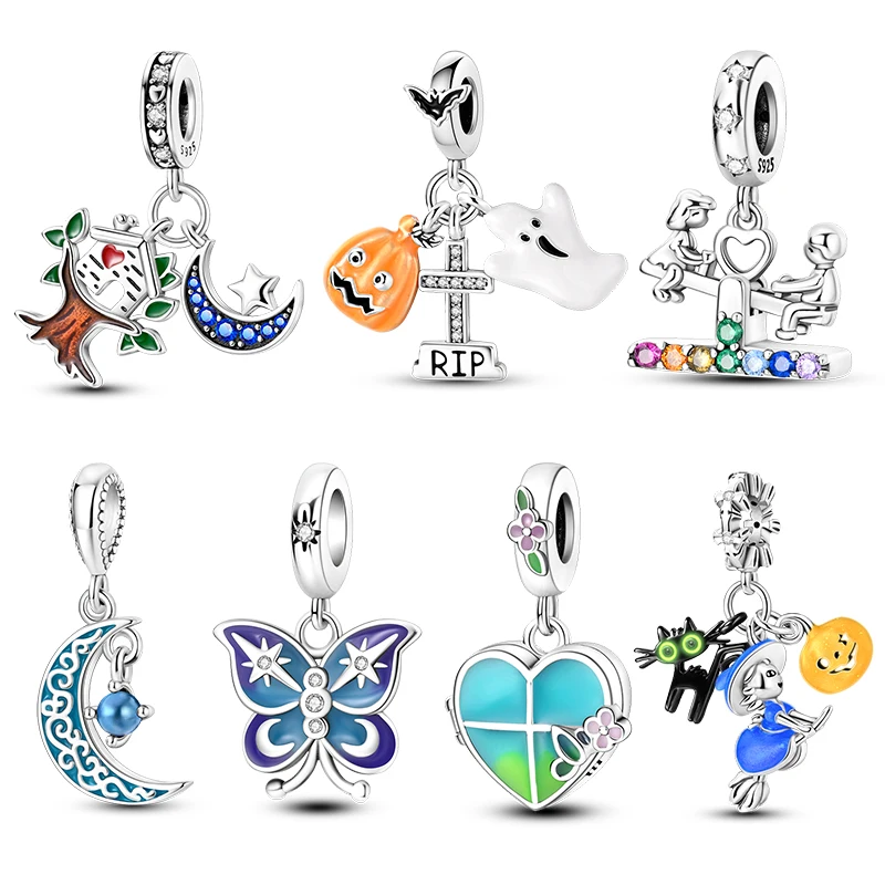 

Real 925 Sterling Silver Pumpkin Witch Ghost Luminous Charms Beads Fit Pandora 925 Original Bracelets DIY Jewelry Halloween Gift