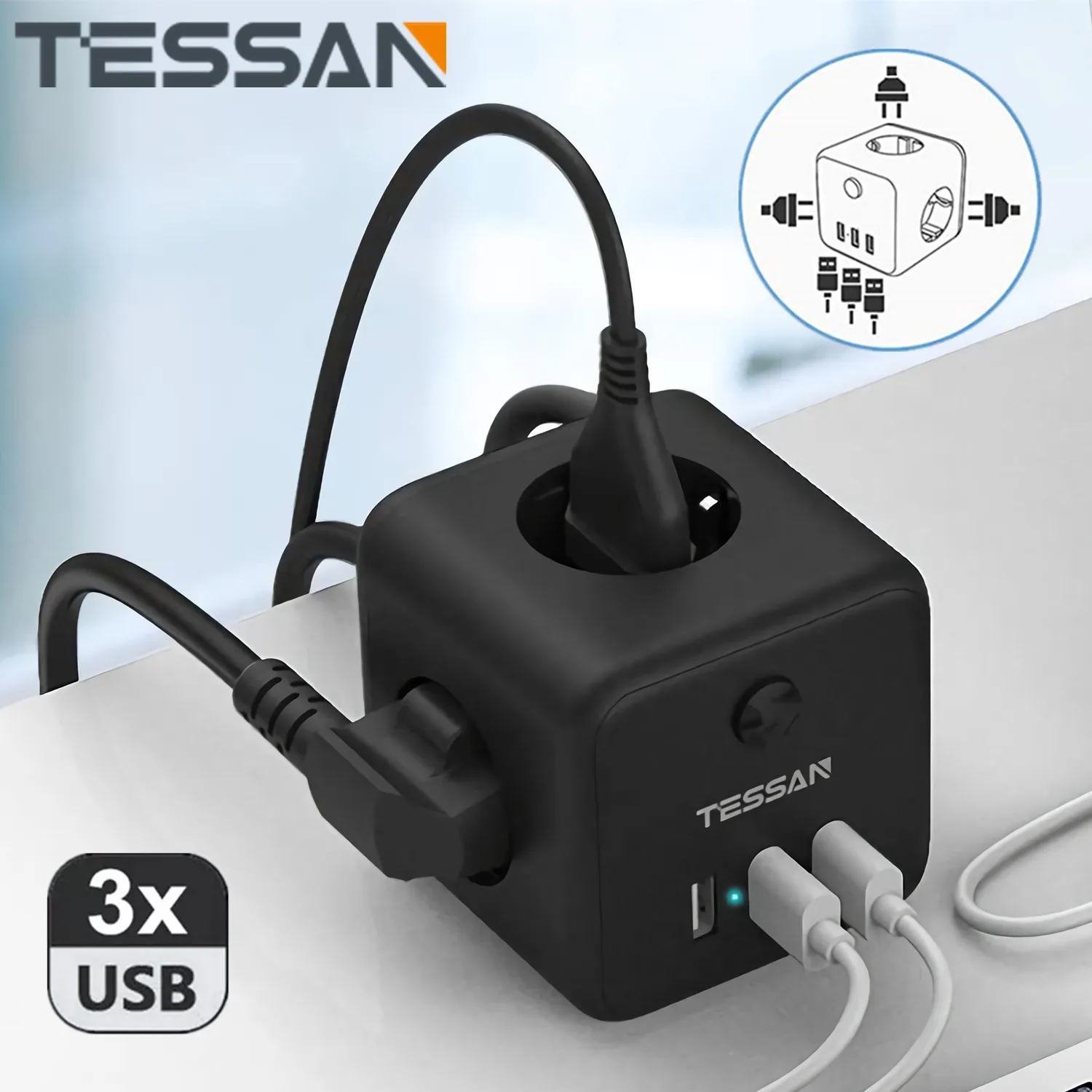 Tour Multiprise TESSAN 8 Sortie AC Avec 3 USB, Parafoudre Et Surtension 3600W Avec Interrupteur Tour Prise Multiple