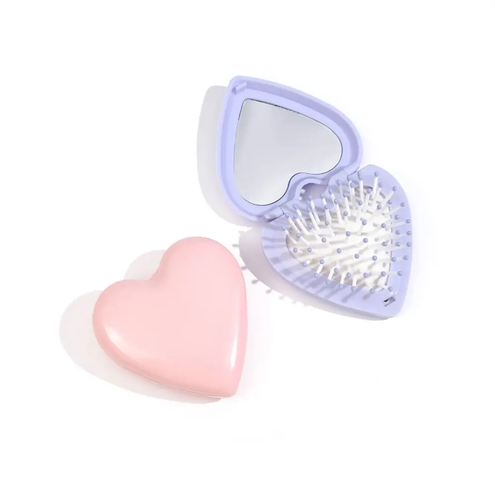 Mini Heart Hair Comb with Mirror Anti-static Air Cushion Comb Candy Color Compact Makeup Mirror Folding Airbag Comb Beauty Tool